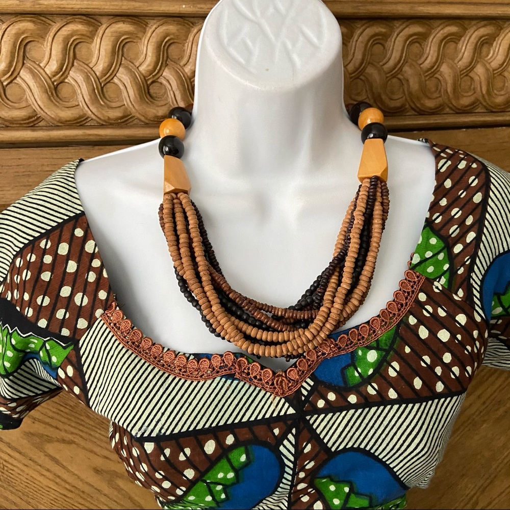 Brown tan wood beaded multi strand necklace - Picture 6 of 11